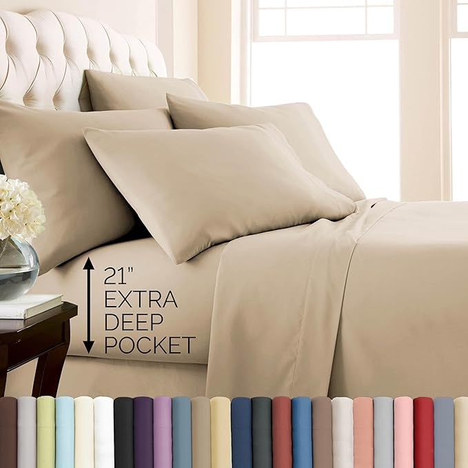 Southshore Fine Living, Inc. 6-Piece, 21 Inch Extra Deep Pocket King Sheets Set, Microfiber Beige Sheets King Size, Pet Hair Resistant Bedding, Breathable, Machine Washable, 4 Pillow Cases - Soft Sand