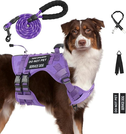No Pull Tactical Dog Harness for Large Dogs, Escape Proof Molle Dog Vest Harness and Leash Set, Adjustable Military Service Dog Harness with Handle for Medium Large Dogs(Purple, XL)