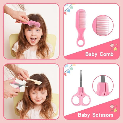 Baby Healthcare and Grooming Kit, 14 in 1 Baby Safety Set Newborn Nursery Health Care Set with Hair Brush Scale Nail Clippers for Baby Girls Boys (14 Kits Pink)