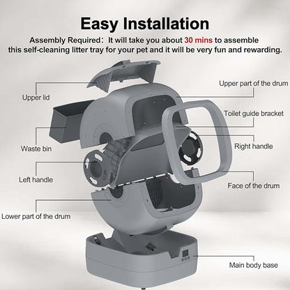 UPFAS Automatic Cat Litter Box Self Cleaning - APP Control - Weight Monitoring - Ultra-Quiet, Medium Cats and Kittens Litter Box, Safe Anti-Pinch【Assembly Required】- Grey