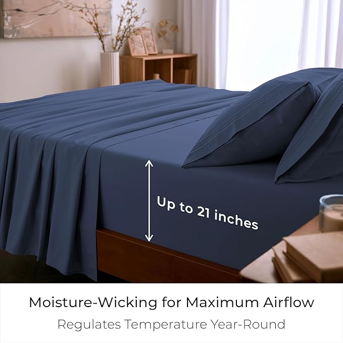 Mellanni Full Sheet Set - 6-Piece Iconic Collection Bedding, (Including 4 Pillowcases), 21-Inch Extra Deep Pocket, Easy Care, Ultra Soft, Cooling Sheets, Brushed Microfiber - Blue Nova