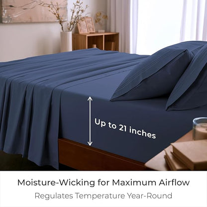 Mellanni King Sheet Set - 6-Piece Iconic Collection Bedding, (Including 4 Pillowcases), 21-Inch Extra Deep Pocket, Easy Care, Ultra Soft, Cooling Sheets, Brushed Microfiber - Blue Nova