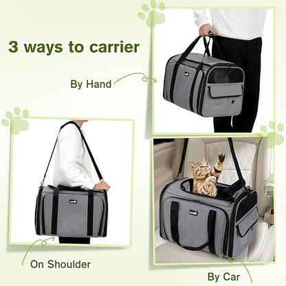 Pecute Cat Carrier Expandable, Extra Large Pet Carrier Bag, Foldable Cat Carrier Bag with Breathable Mesh, Pet Carrier Transport Bag for Dogs and Cats, with Shoulder Strap and Pet Bowl