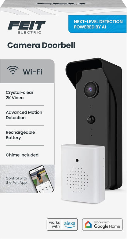 Feit Electric Smart Video Doorbell Camera, 2.4GHz Wi-Fi, No Hub, Two-Way Audio, Advance Motion Detection, 16ft. Night Vision, 2K HD Video, Micro SD Card Storage, Chime Included, Battery Powered Design