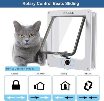 CEESC Extra Large Cat Door (Outer Size 11.6" x 9.8"), Rotary 4 Way Locking Cat Door for Interior Exterior Doors, Weatherproof Pet Door for Cat & Doggie with Circumference < 24.8",Upgraded Version