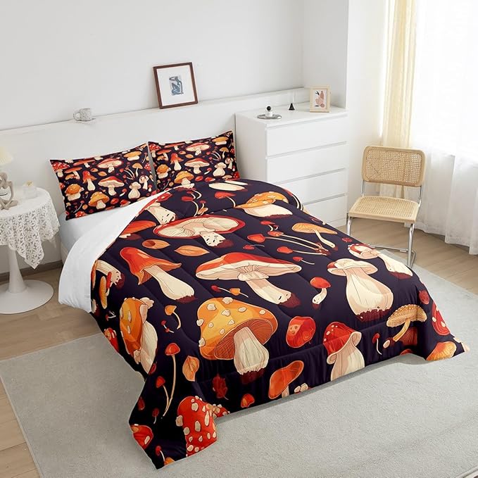 Erosebridal Red Mushroom Twin Comforter Set Orange Wild Fungus Bedding Sets Botanical Plants Bedding Comforter Dark Purple Quilt Comforter Cartoon Women Lady Room Décorative Lightweight 2 Piece