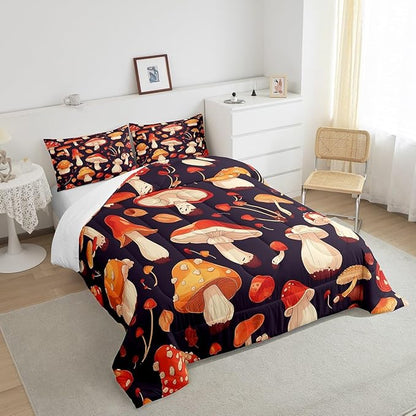 Erosebridal Red Mushroom Full Comforter Set Orange Wild Fungus Bedding Sets Botanical Plants Bedding Comforter Dark Purple Quilt Comforter Cartoon Women Lady Room Décorative Lightweight 3 Piece
