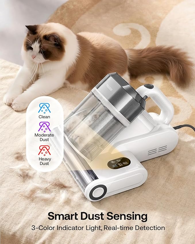 Trucozie Mattress Vacuum Cleaner, 16Kpa Bed Vacuum with Smart Dust Sensor, Anion & Aromatherapy, 275nm UV Light, 149℉ Heat & Ultrasonic & Tapping, Corded for Bed Sofa Couch Pet Hair, White