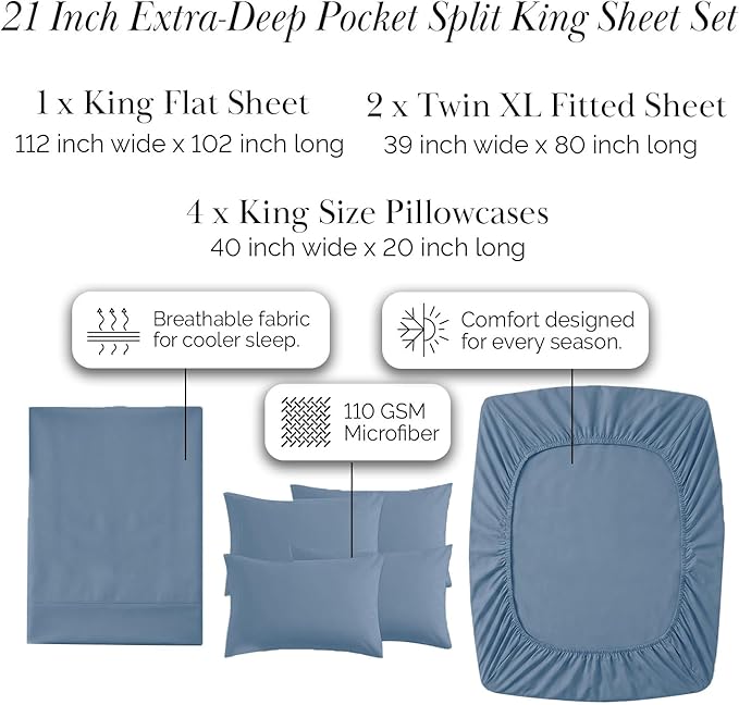 Southshore Fine Living, Inc. 7-Piece Deep Pocket Split King Sheet Set, 21-Inch Adjustable Bed Sheets, Split King Fitted Sheets, Oversized Flat Sheet, Blue Pillow Cases Set of 4, Coronet Blue Bedding