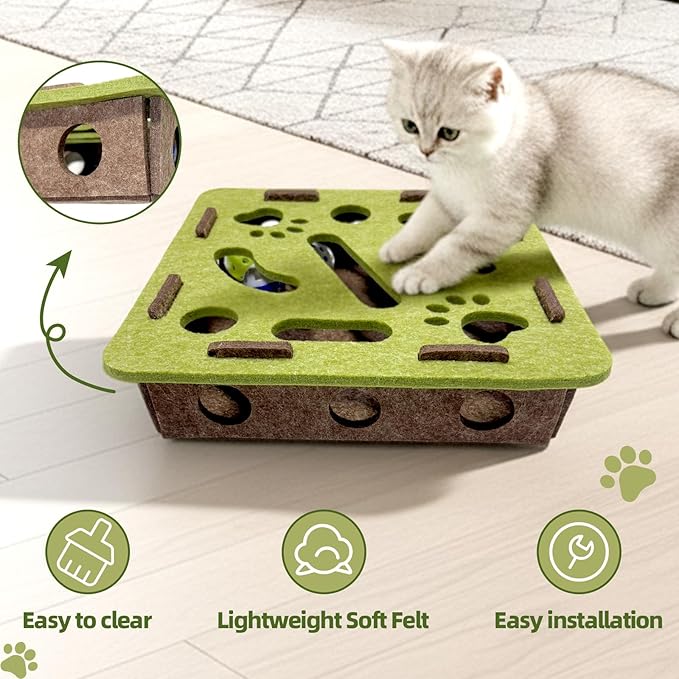 Interactive Soft Felt Cat Puzzle Toy with Ball and Bell，cat Nail File Enrichment Box，Cat Toy Box for Indoor Cats and Kittens，Indoor Hunting Play Toy (Green)