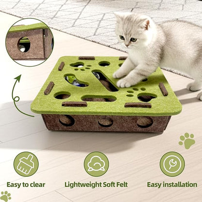 Interactive Soft Felt Cat Puzzle Toy with Ball and Bell，cat Nail File Enrichment Box，Cat Toy Box for Indoor Cats and Kittens，Indoor Hunting Play Toy (Green)