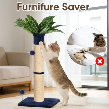 XiaZ Cat Scratching Post 34 Inches Tall, Cat Tower Scratcher Extra Wide 15.8" Stable Base with 2 Interactive Balls, Premium Natural Sisal & Plush Fabric for Small, Medium Large Cats (Navy Blue, 4.5in)