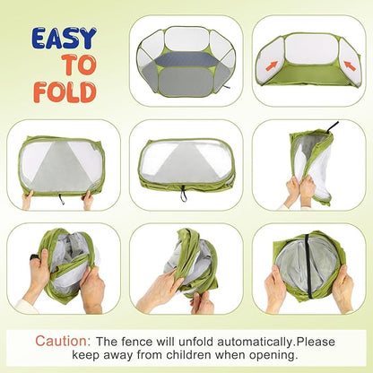 Pawaboo Small Animals Playpen with Pad, Waterproof Small Pet Cage Tent with Reusable Pad, Portable Outdoor Yard Fence for Chick/Kitten/Puppy/Guinea Pig/Rabbits/Chinchillas, Green + Grey