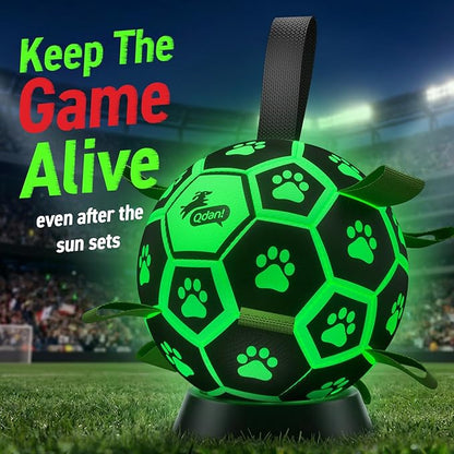 QDAN Glow in The Dark Dog Toys Soccer Ball with Straps - Light Up Dog Balls for Large Dogs, Interactive Dog Toys with Strap for Tug of War,Puppy Birthday Gifts (8 Inch)