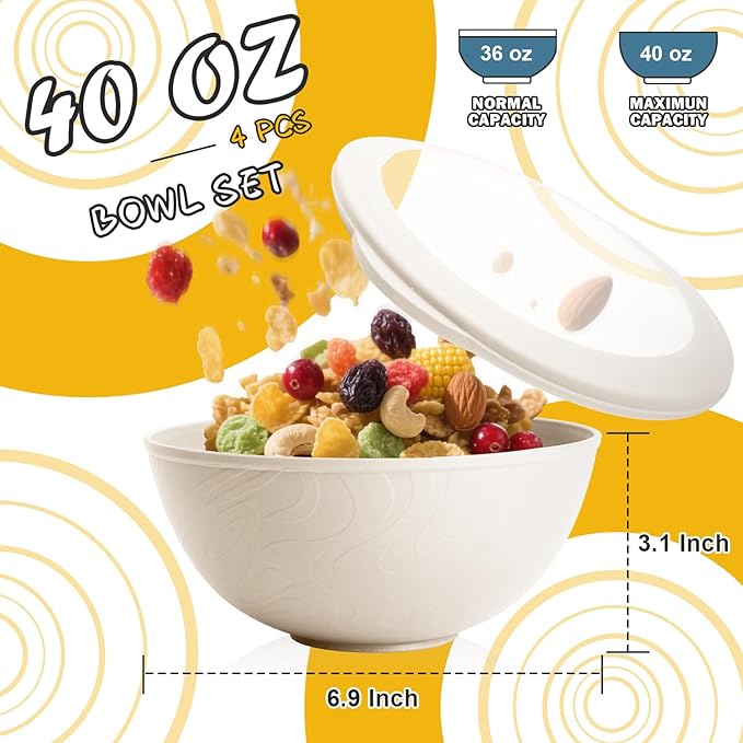 Wheat Straw Bowls Set with Lids, Unbreakable 40 OZ Large Cereal Bowls Set of 4, Salad Container for Lunch, Microwave & Dishwasher Safe Bowl Set for Kitchen, Picnic, RV, Camping, Beige