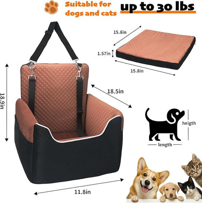 ALL GOOD PET SUPPLIES Dog Car Seat for Small/Medium Dogs Under 35lbs, Soft Booster Car Seat with Detachable Washable Cover and Cushion, Puppy Dog Car Bed, Black/Brown