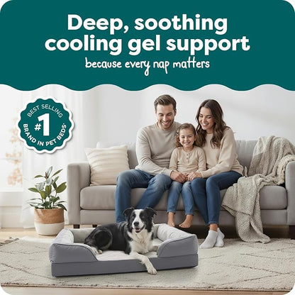 Furhaven Cooling Gel Dog Bed for Large/Medium Dogs w/ Removable Bolsters & Washable Cover, For Dogs Up to 55 lbs - Plush & Velvet Waves Perfect Comfort Sofa - Granite Gray, Large
