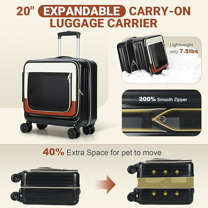 Lekereise Pet Carrier Rolling Dog Luggage with Expandable Design, 2-in-1 Small Cat Travel Bag for Pets & Owner's Suitcase, Hands-Free Maneuverable with Wheels & Telescopic Handle for Amtrak