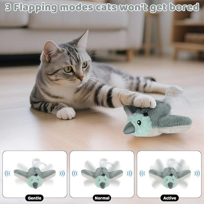 Cat Toys Flapping Birds with Catnip Bags, Chirping Interactive Kitten Toy Indoor, Lifelike Birdie Tweets, Rechargeable Enrichment Moving Wings Cat Exercise Toys Kicker for All Breeds Cat Dog(Gray)