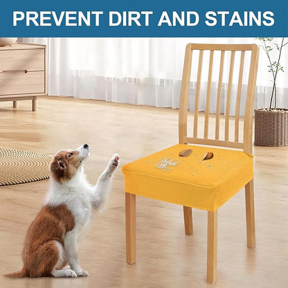 Smiry Waterproof Seat Covers for Dining Room Chairs Set of 6, Stretch Jacquard Removable Washable Chair Seat Slipcovers Protector, No Rear Covers, Mustard Yellow