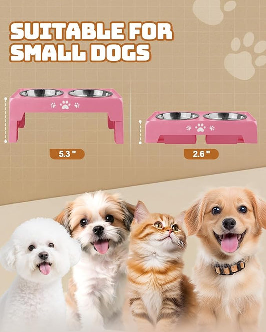 Jovrun Elevated Dog Bowls for Small Dogs and Cats, Non-Slip Cat Bowls with 2 Thick 5.5" Stainless Steel Dishes, Dog Feeder 2 Heights Adjustable to 2.6"-5.3"