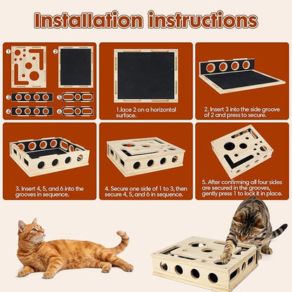 YooxArmor Cat Scratch Puzzle Box, Solid Wood Enrichment Toy with Sandpaper Nail Filer, Stress-Free Claw Care for Indoor Cats