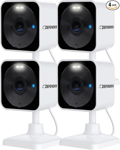 Defender GO 2K AI Powered WiFi Indoor/Outdoor Home, Business, Pet, Baby Security Camera, AI Detection, Dual Band, Spotlight/Siren, Color Night Vision, 2-Way Talk, Works with ClearVu App, 4 Pack