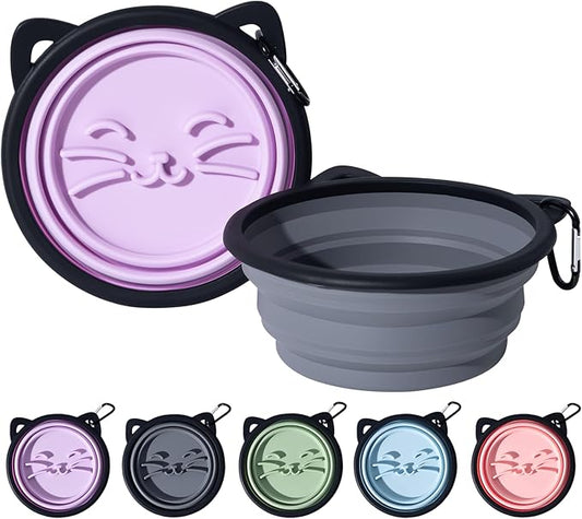 2Pack Silicone Collapsible Dog Bowls, Cute Pet Ear Shape and Cat Graphic Travel Water Bowl Full of Pet Atmosphere 25oz Portable Feeder for Small Large Dog Walking Hiking Camping (Purple and Grey)