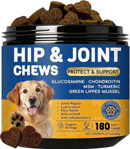 Dog Hip and Joint Supplement with Glucosamine & Chondroitin - Supports Mobility & Pain Relief for Senior & Large Dogs - 180 Soft Chews