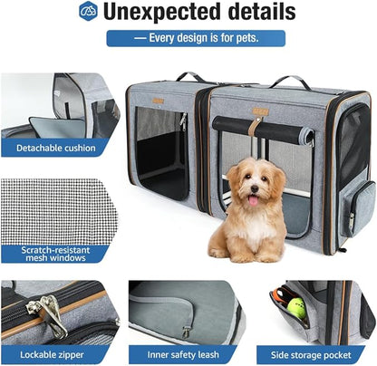 Lekereise Large Cat Carrier for 2 Cats, 2-in-1 Cat Travel Carrier with Litter Box, (17.7" x2) x16.5"x13" Pet Carrier with Zipper Locks for Moving Across The Country (No Hammock) - Grey