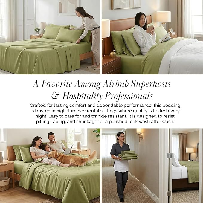 Southshore Fine Living, Inc. 4-Piece Dorm Sheets Twin XL Set, 21-Inch Extra Deep Pocket Twin XL Sheets, Oversized Flat Sheet, Sage Green Pillow Cases Standard Size Set of 2, Sage Green