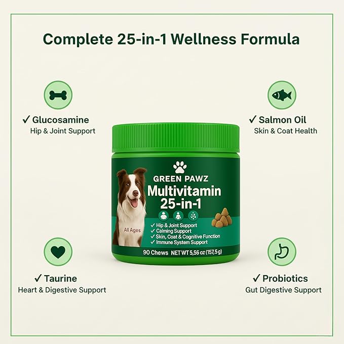 25-in-1 Multivitamin for Dogs – 90 Soft Chews with Glucosamine, Probiotics & Omega 3 – Hip Joint Support, Skin Coat, Gut Health & Immunity – Chicken Flavor, All Ages