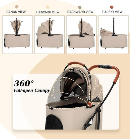 Pet Stroller for Small Dogs Cats Up to 45 lbs with Detachable Canopy, Portable Foldable Dog Stroller with Sunshade and Car Seat Travel, Suitable for All Seasons(Khaki 101K)