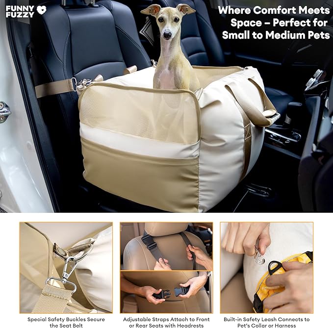 FUNNY FUZZY Dog Car Seat Waterpoof for Small & Medium Dogs Up to 35lbs, Detachable & Washable Pet Booster Seat with Leash, Thick Cushion, Storage Pockets & Adjustable Straps (Beige)