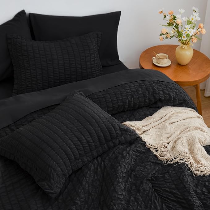 Love's cabin Seersucker Black California King Comforter Set, 7-Piece All Season Lightweight Bed in a Bag Bedding Set with Comforter, Flat Sheet, Fitted Sheet, Pillowcases and Shams | Soft, Breathable, Lightweight