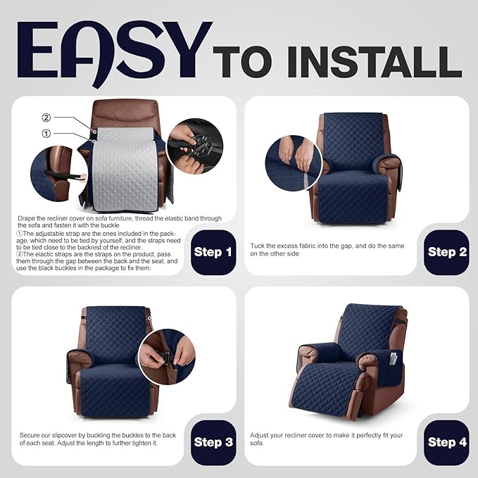 KinCam 100% Waterproof Recliner Chair Cover, Reclining Couch Covers for Pets, Dogs, Recliner Couch Slipcover Furniture Protector with Elastic Straps for Kids(23.6", Dark Blue)