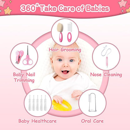 Baby Healthcare and Grooming Kit, 21 in 1 Portable Baby Essentials Kit with Gas Relief Hair Brush Comb Nasal Aspirator for Newborn Boys Girls (Pink)