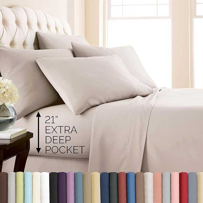 Southshore Fine Living, Inc. 7 Piece, 21 Inch Extra Deep Pocket Split King Bed Sheets Set, Two Deep Fitted King Sheets, Pet Hair Resistant, Oeko-Tex, Oatmeal Shade Split King Sheet Set - Natural Beige