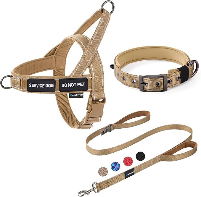Annchwool No Pull Dog Harness,Heavy Duty Reflective Collar & Leash Set-Leash with Double Handle & Car Seatbelt Clip-Easy Control for Walking Training Medium Large Size Dogs(Brown,M)