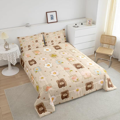 Erosebridal Woodland Animal Wildlife Comforter Set King Grid Checkered Bedding Sets, Light Brown Duvet Insert Flower, Colorful Flower Floral Quilt Set Kid Microfiber Cartoon Bedroom Décorative 3Piece