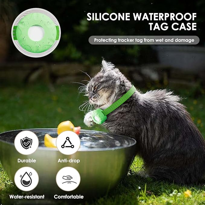 Cat Tracker, GPS Tracker Compatible with Apple Find My App(Only iOS), Waterproof Cat Tracker Collar with Bell and Safety Elastic Buckle, No Monthly Fee, Territory & Location History (Green)