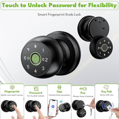 Fingerprint Door Lock, Smart Door Knob, 2.4G WiFi Biometric Door Knobs with App Control, Auto Lock Door Lock with Code, Thumbprint Door Knob for Bedrooms, Office, Apartment, Offices,Hotels