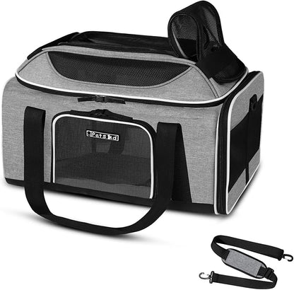 Petskd Top-Expandable Pet Carrier 17x12x8.5 Inches JetBlue Allegiant Spirit Airline Approved, Soft-Sided Carrier for Small Cats and Dogs with Locking Safety Zippers and Anti-Scratch Mesh(Grey)