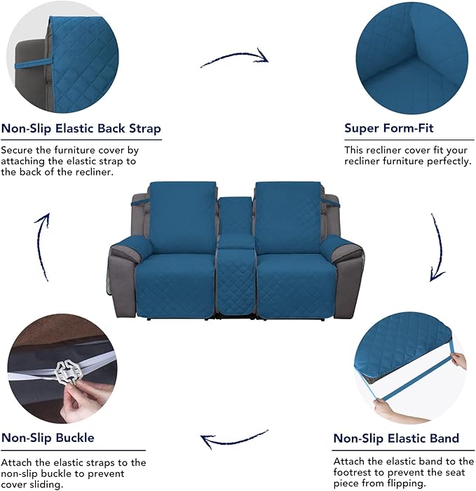 PureFit 2 Seat Recliner Cover for Loveseat, Peacock Blue/Beige, Water Resistant, Reversible, Furniture Protector for Recliner, Sofa, Durable, Machine Washable