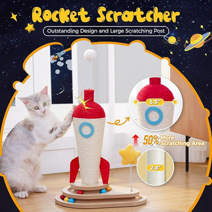 PETEPELA Cat Scratching Post, Rocket Sisal Cat Scratcher, 24.8'' Cute Scratching Post with 2-Layers Wooden Track Cat Toys & Spring Pompom for Indoor Cats Adults