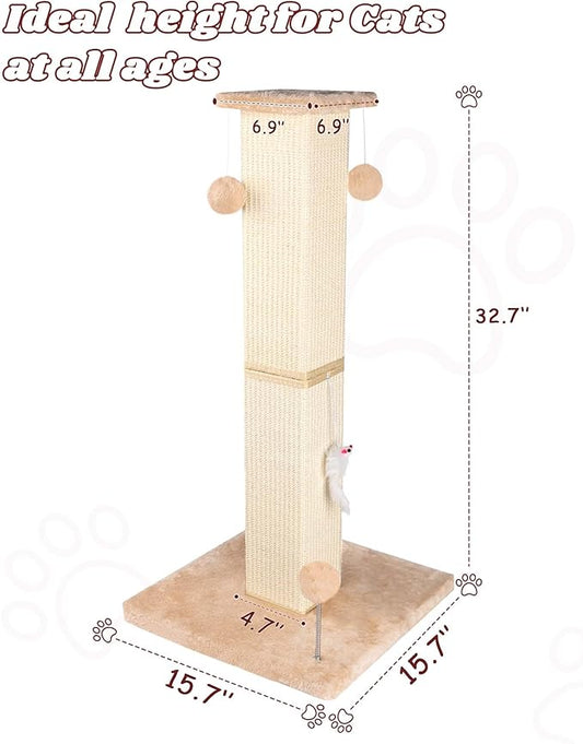 ANWA Large Cat Scratching Posts for Indoor Cats, 32" Tall Vertical Cat Scratching Post with Dangling Toys, Premium Sisal Rope Post Scratcher for Cats at All Ages, Beige