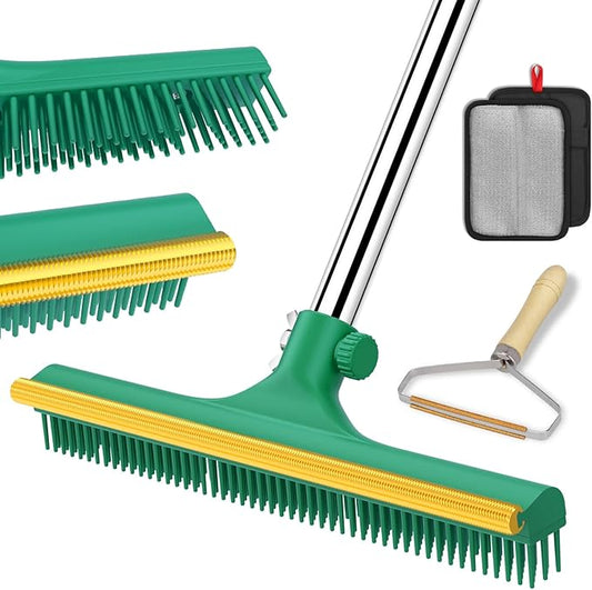 3 in 1 Carpet Rake for Pet Hair Removal, Reusable Pet Hair Remover Broom, 60'' Adjustable Long Handle Dog and Cat Hair Remover Tool Set of 3, Lint Remover Scraper for Carpets (Dark Green, 60inch)