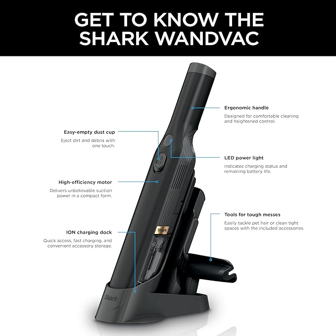Shark WANDVAC Cordless Hand Vac, Lightweight, Versatile and Portable at 1.4 lbs., Powerful Suction for Pet Hair, Charging Dock, One-Touch Empty for Car & Home, Duster Crevice Tool, Black, WV201BK
