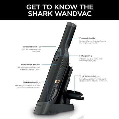 Shark WANDVAC Cordless Hand Vac, Lightweight, Versatile and Portable at 1.4 lbs., Powerful Suction for Pet Hair, Charging Dock, One-Touch Empty for Car & Home, Duster Crevice Tool, Black, WV201BK