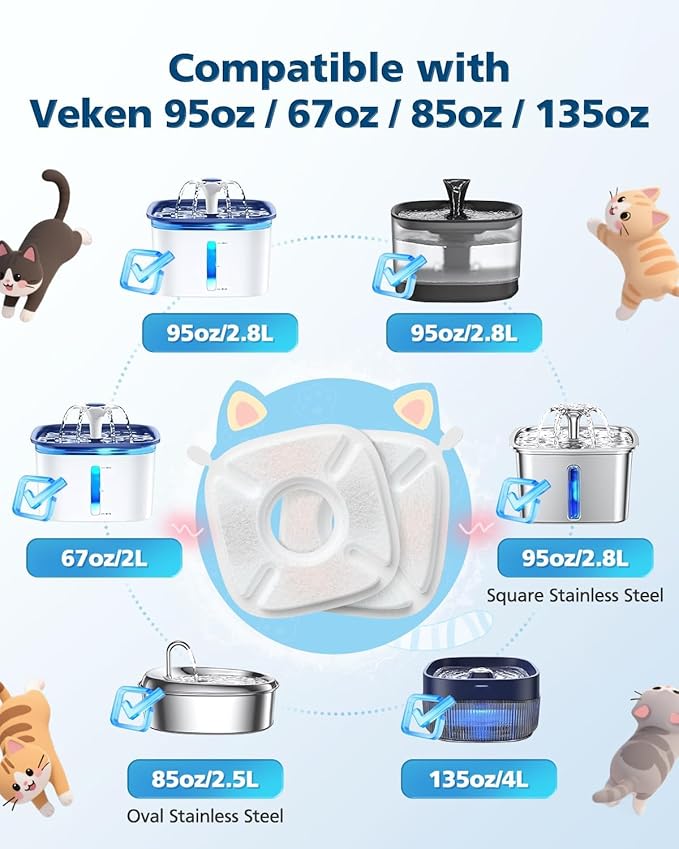 50 Pcs Cat Water Fountain Filters for Veken 95oz/2.8L, 67oz, 85oz, 135oz Dog Water Fountain Automatic Pet Fountain Dog Water Dispenser 25Pcs Pet Fountain Filter Replacement & 25Pcs Pre-Filter Sponges
